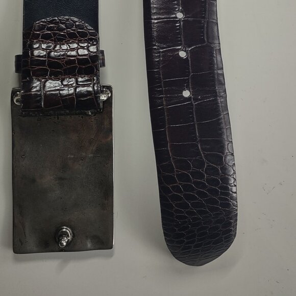 Sandy Duftler Brown Leather Skin Tapered Vintage Silver Buckle Belt 45\
